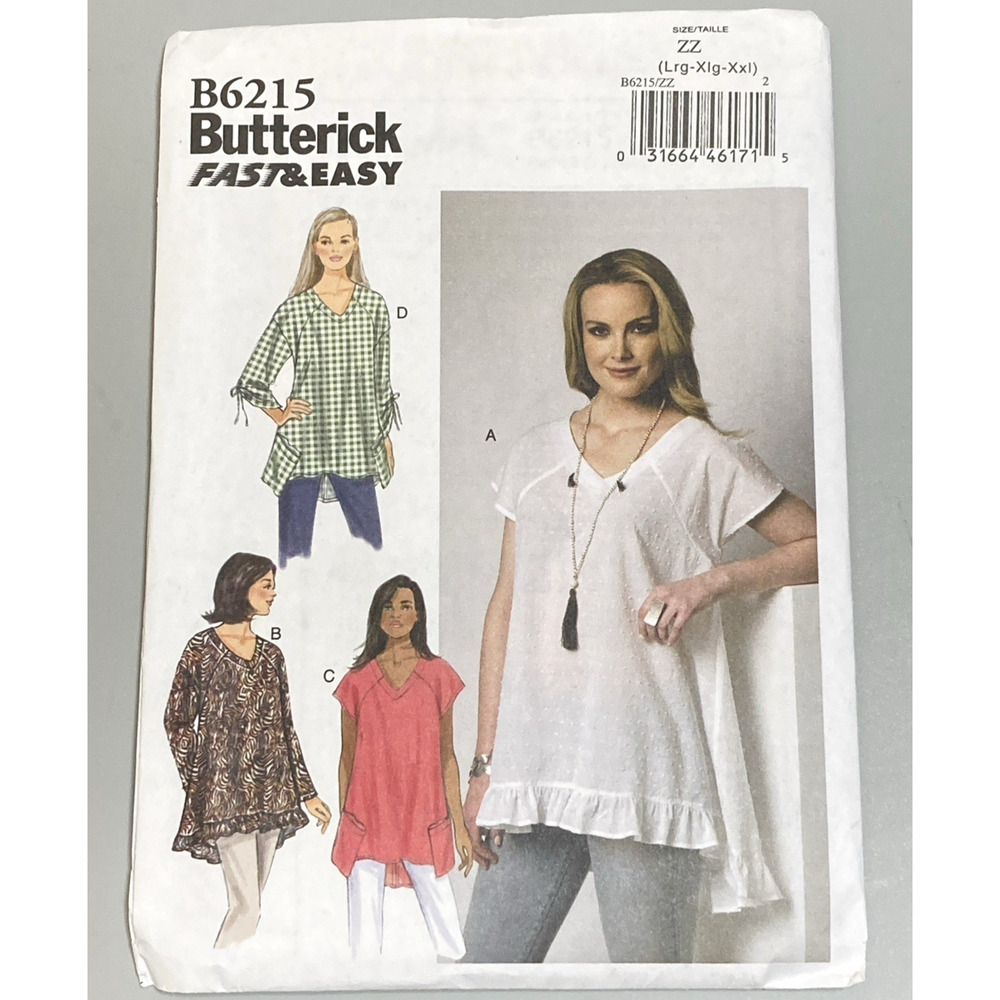 Butterick Sewing B6215 Miss Pullover Top Raglan Sleeves 4 Styles Sz LG-XXL UNCUT